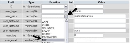 phpMyAdmin select MD5 function on user_pass row alt text